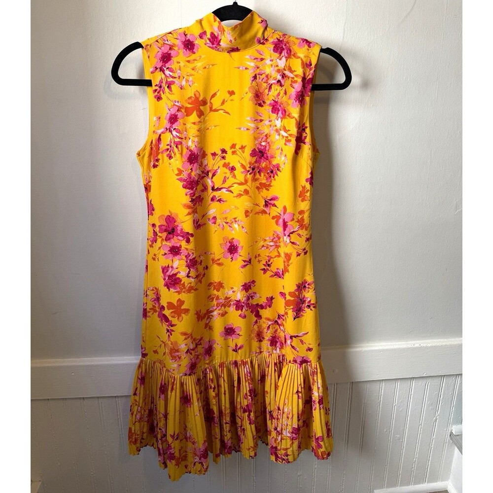 Nanette Nanette Lepore Floral Mock Neck Shift Dress Yellow Pink Pleated Hem Sz 2